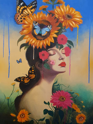 Bluetezeit, 60x80cm, 2024, Wenn wir unsere innere Stärke nähren, darf unser wahres Wesen sichtbar werden, leicht, lebendig, ganz.