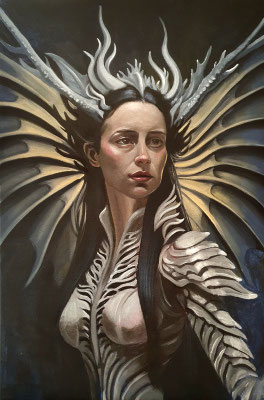 Drachenfrau, 40x60cm, 2024, In sich ruhend und voller Entschlossenheit, sie trägt ihr Selbstvertrauen wie eine schützende Rüstung