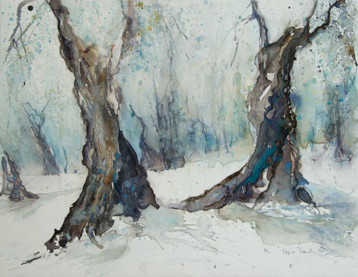 Regina Wuschek, Ölbäume im Winter, Aquarell