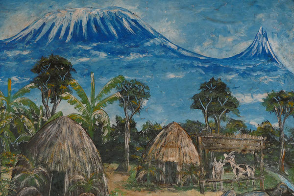 Kilimandscharo-Malerei mit traditionellen Chaga-Häusern im Vordergrund