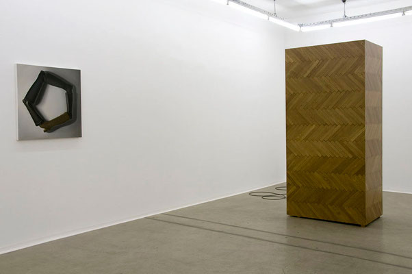 'Subject: Free' (solo exhibition) with 'The Performance' found photo, parquet, MDF, paint and sound system, 2010