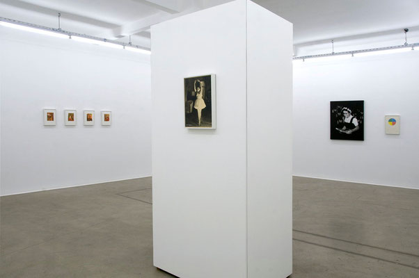 view of 'Subject: Free' (solo exhibition) with 'The Performance' found photo, parquet, MDF, paint and sound system, 2010