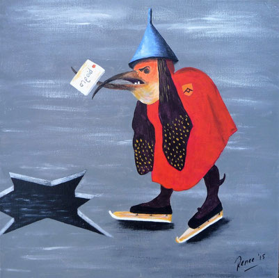 'Schaatsende Postbodevogel' uit 'De Verzoeking van de Heilige Antonius' van Jeroen Bosch, 2015  40x40