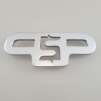 Individuelle Anfertigung einer Gürtelschnalle nach Logo des Kunden. Gefertigt aus massivem Messing mit glänzend verchromter Oberfläche. - schnallenkunst