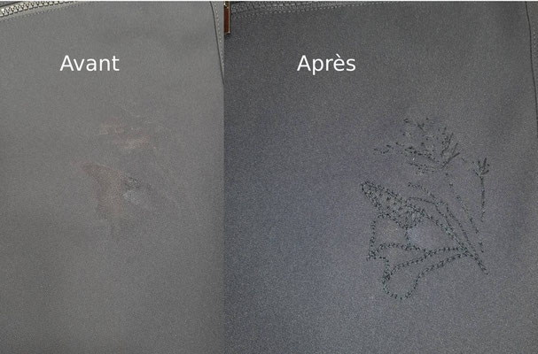 L'Atelier de Couture Nadine GRATACAP. Broderie d'un papillon pour cacher brûlure au fer à repasser. .