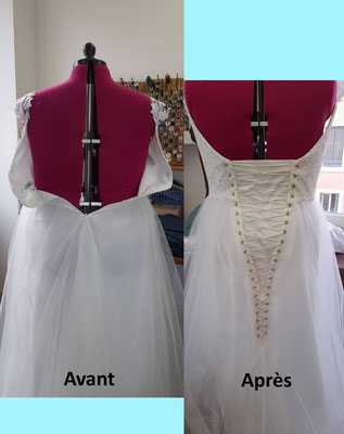 L'Atelier de Couture Nadine GRATACAP. Création d'un laçage et modestie sur robe de mariée trop petite.