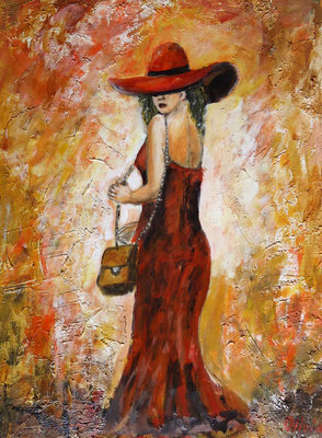 Lady in red, Acrylic & mixed media on palmwood,, 60x45 