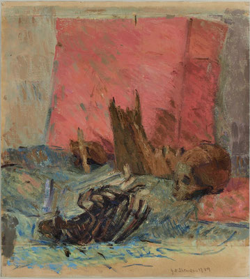 Gerippe und Schädel vor rosafarbener Wand, 1989