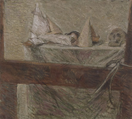 Schädel und Papiertüten, Öl auf Leinwand, 39,5 x 43 cm, 1967