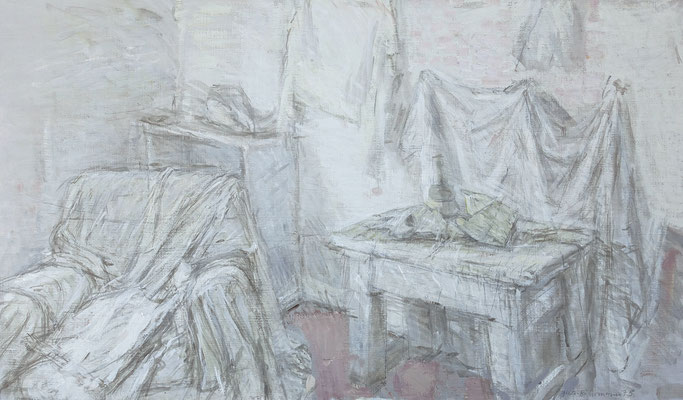 Wand mit weißen Tüchern, Öl auf Leinwand, 52,5 x 71,5 cm, 1976