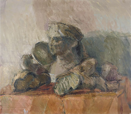 Steinkopf und Dinge II., Öl auf Leinwand, 69 x 79,5 cm, 1990