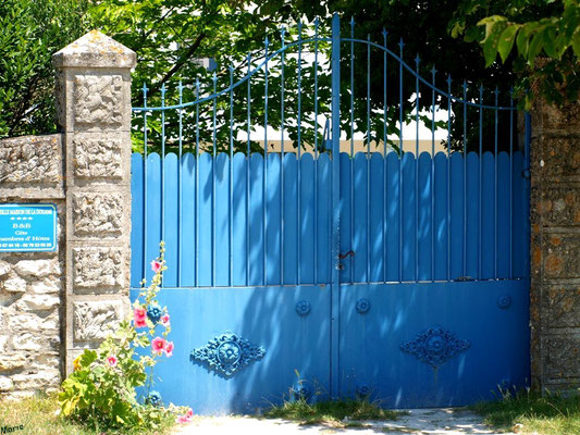 Portail bleu aux valérianes à Talmont-sur-Gironde (Charente-Maritime)