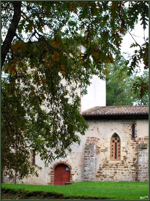 Eglise St Michel du Vieux Lugo à Lugos (Gironde) : façade Sud, l'entrée et le clocher, derrière les chênes