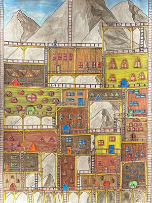 Mountain Village on Beams, Ink and coloured pencils on paper, DIN A4, 2021