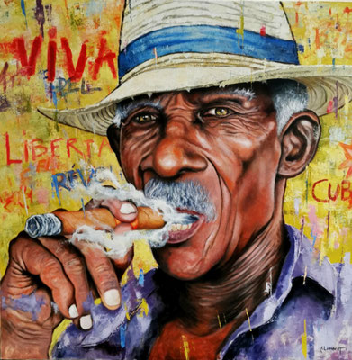 LE CUBAIN AU CHAPEAU DE PAILLE - 100 X 100 CM - HUILE SUR TOILE