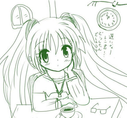 待ち合わせのおまけ落書き。<P>お散歩スタイル、カフェで待つミクさん<P>2018年2月25日更新　Azpainter2使用