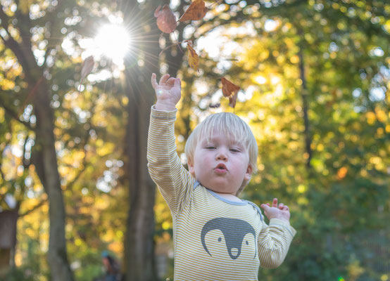 Natuerliche Kitafotos Junge spielt mit Herbstlaub