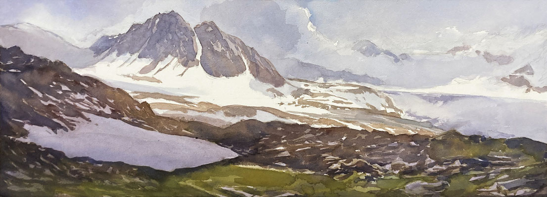 #897 / Ötztaler Alpen - wilde Schönheit (III), Aquarell,  Ötztal Alps – wild beauty (III), watercolor painting, Aquarellpapier/watercolor paper: Arches 185 g/m²,  Bildausschnitt H x B (H x W): 27 cm x 75 cm, VERFÜGBAR/AVAILABLE