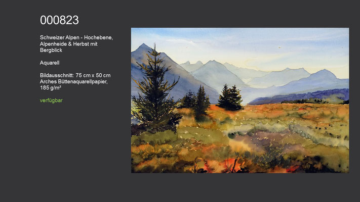 823 / Aquarell / Schweizer Alpen - Hochebene, Alpenheide & Herbst mit Bergblick; 75 cm x 50 cm; verfügbar