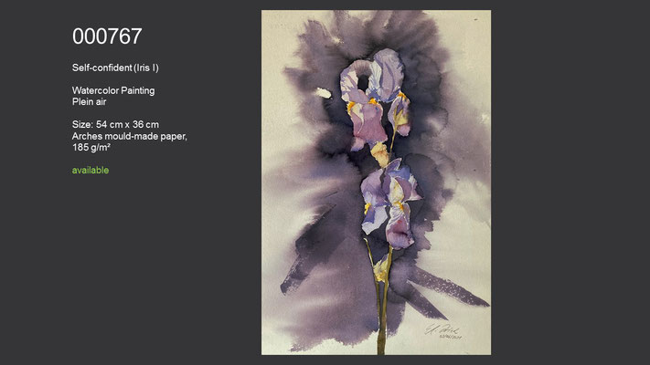 767 / Self-confident (Iris I), Watercolor painting, plein air, 54 cm x 36 cm; available
