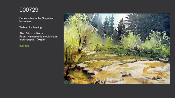 729 / Sebes valley in the Carpathian Mountains, Watercolor painting, 60 cm x 40 cm; available