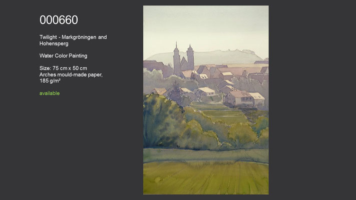 660 / Twilight - Markgröningen and Hohenasperg, Watercolor painting, 75 cm x 50 cm; available