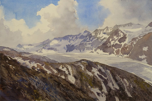 #895 / Ötztaler Alpen - wilde Schönheit (I), Aquarell,  Ötztal Alps – wild beauty (I), watercolor painting, Aquarellpapier/watercolor paper: Arches 185 g/m²,  Bildausschnitt H x B (H x W): 36 cm x 54 cm, VERFÜGBAR/AVAILABLE