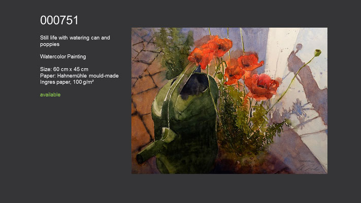 751 / Still life with watering can and poppies, Watercolor painting, 60 cm x 45 cm; available