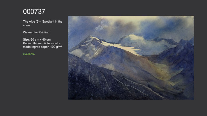 737 / The Alps (5) - Spotlight in the snow, Watercolor painting, 60 cm x 40 cm; available