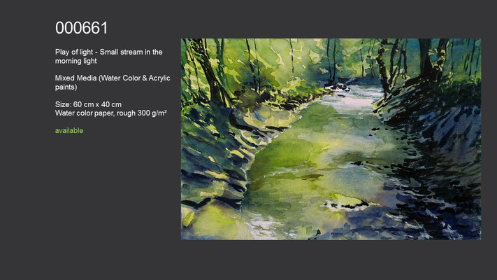 661 / Play of light - Small stream in the morning light (2), Watercolor painting, 60 cm x 40 cm; available