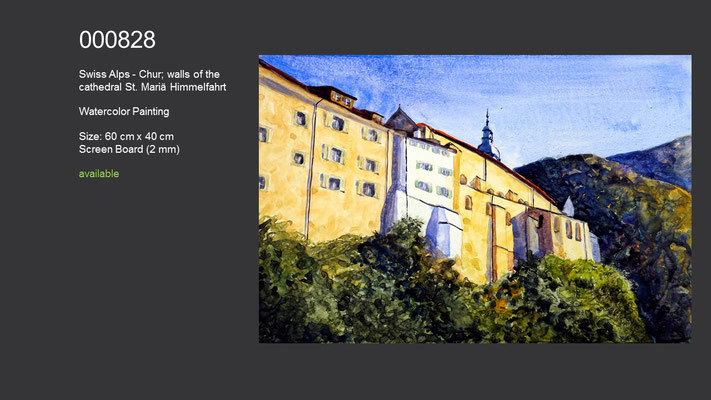 828 / Swiss Alps - Chur; walls of the cathedral St. Mariä Himmelfahrt, Watercolor painting, 60 cm x 40 cm; available