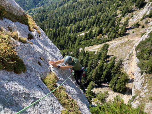 kurze, schwierige Plattenstelle in der 4. Seillänge