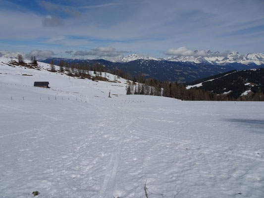 Am Ende der Lackenalm, rechts im Hintergrund das markante Dachstein-Dreigestirn