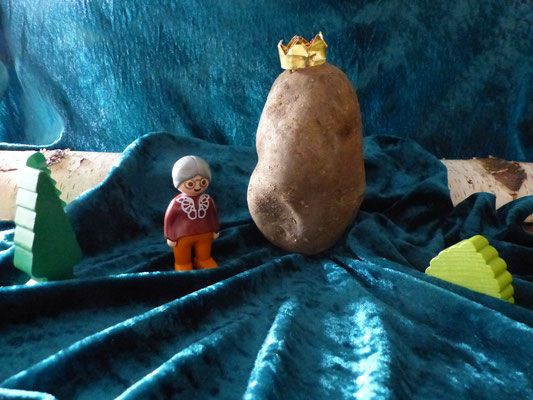 Einmal ging die Großmutter in den Keller, um ein Körbchen Kartoffeln zu holen.Sie suchte sich den Kartoffelkönig aus. Als sie mit dem Körbchen über den Hof ging, sprang der kleine König auf die Erde und rollte so schnell er konnte in den Garten. 