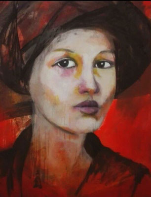 unknown model in red 130 x110 cm acrylics on canvas - sold-