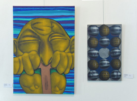 Günter Seubert    links:  - Am Drücker -  Acryl auf Leinwand   rechts:  - In der Schwebe - Acryl auf Leinwand