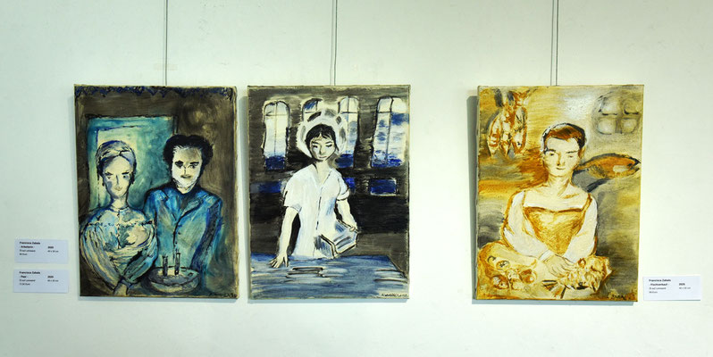 Francisca Zabala    links: - Paar -   Mitte: - Arbeiterin -   rechts: - Fischverkauf    Öl auf Leinwand   40 x 30 cm