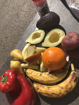 Ich saß relativ lange einfach in der Sonne und aß und schaute, dehnte meinen armen alten Körper und aß wieder ein bisschen. Obst, Sonne und Salz! Ich habe nicht alles auf einmal gegessen!