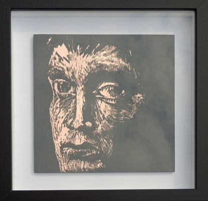 Spiegelportrait, Acryl auf kupferfarbenem Spiegel, 15x15cm (2017)