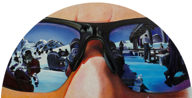 Klaus mit Sonnenbrille, Halbkreis, 80cm breit, Öl auf Holz (2015)