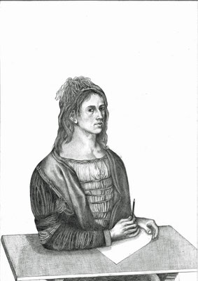 Herr Dürer malt einen Hasen 1, DIN A3, schwarzer Farbstift auf Papier (2018)