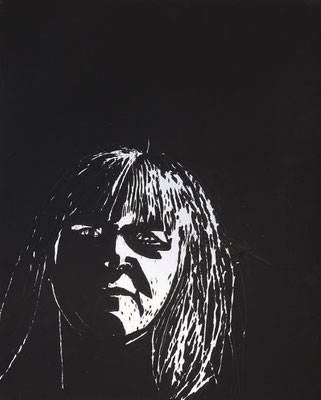 Selbstportrait im Spiegel, Acryl auf Spiegel, 29,5x39,7cm (2018)