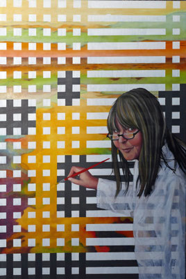 Selbstportrait vor abstraktem Bild, Öl auf Leinwand, 70x100 cm (2019)
