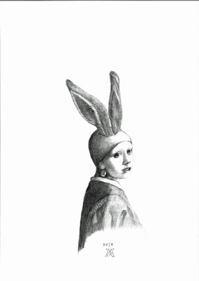Herr Dürer malt einen Hasen 10, DIN A3, schwarzer Farbstift auf Papier (2018)