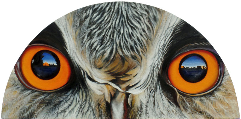 Eule, Halbkreis, 80cm breit, Öl auf Holz (2014)