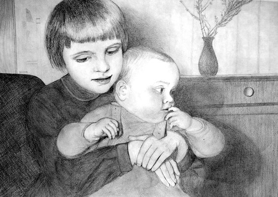 Meine Schwester und ich, 39x28cm, Bleistift auf Papier (1980)