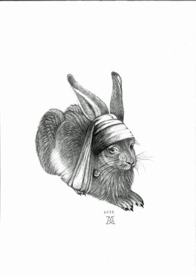 Herr Dürer malt einen Hasen 6, DIN A3, schwarzer Farbstift auf Papier (2018)
