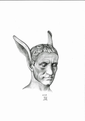 Herr Dürer malt einen Hasen 11, DIN A3, schwarzer Farbstift auf Papier (2018)