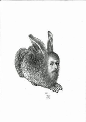 Herr Dürer malt einen Hasen 2, DIN A3, schwarzer Farbstift auf Papier (2018)