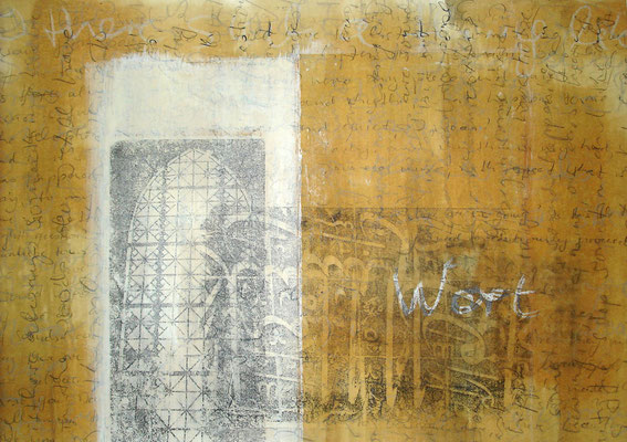 Margit Rusert, "Wort-Ton" I, Handschrift, Frottage, Öl auf Papier, 60x80 cm